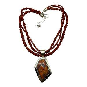 Mosaic Amber Triple Strand Beaded Necklace With Pendant Jay King 925 Silver 18"